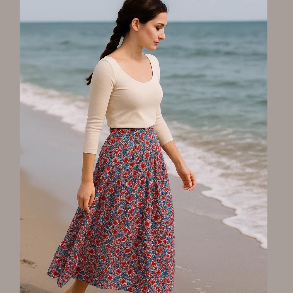 70s BRITCHES GREAT OUTDOORS RED WHITE & BLUE FLORAL YOKE TOP MIDI SKIRT SZ M